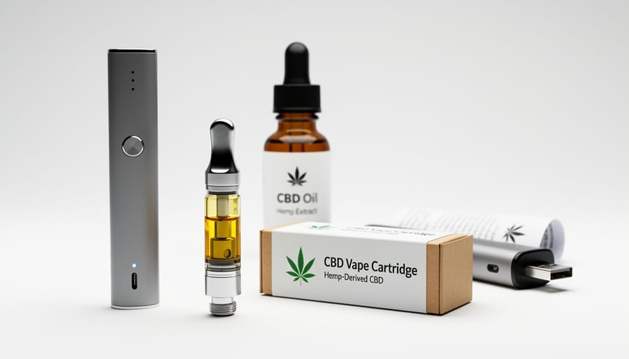 CBD vape cartridge and battery on a clean tabletop workspace.