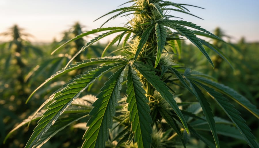 Close-up of hemp plant leaves and buds in an outdoor field.