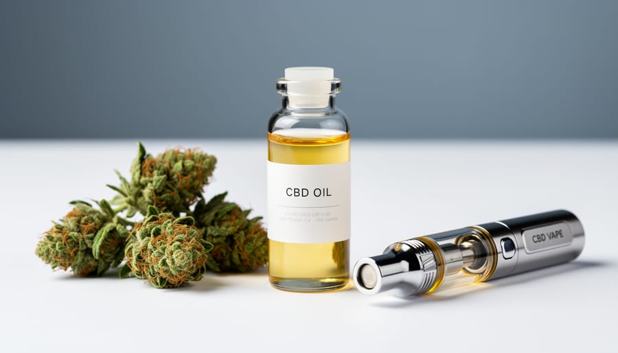 Close-up of a hemp-derived CBD vape cartridge and amber CBD oil vial beside fresh hemp flower buds on a clean studio background.